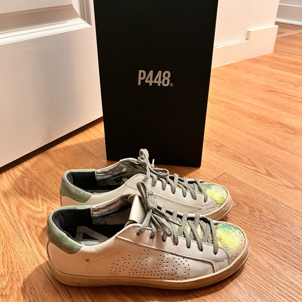 P448 White and Green Sneakers with Glitter Toe